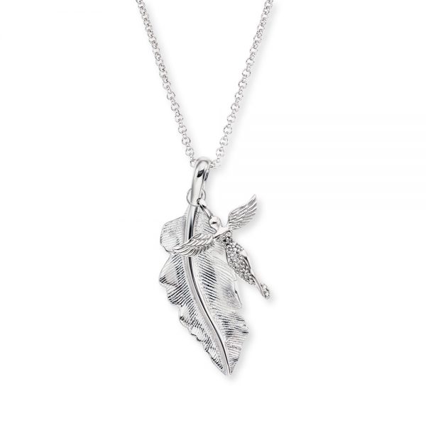 Angel Whisperer Sterling Silver Feather and Angel CZ Necklace 27mm 17" - Samuel Perry