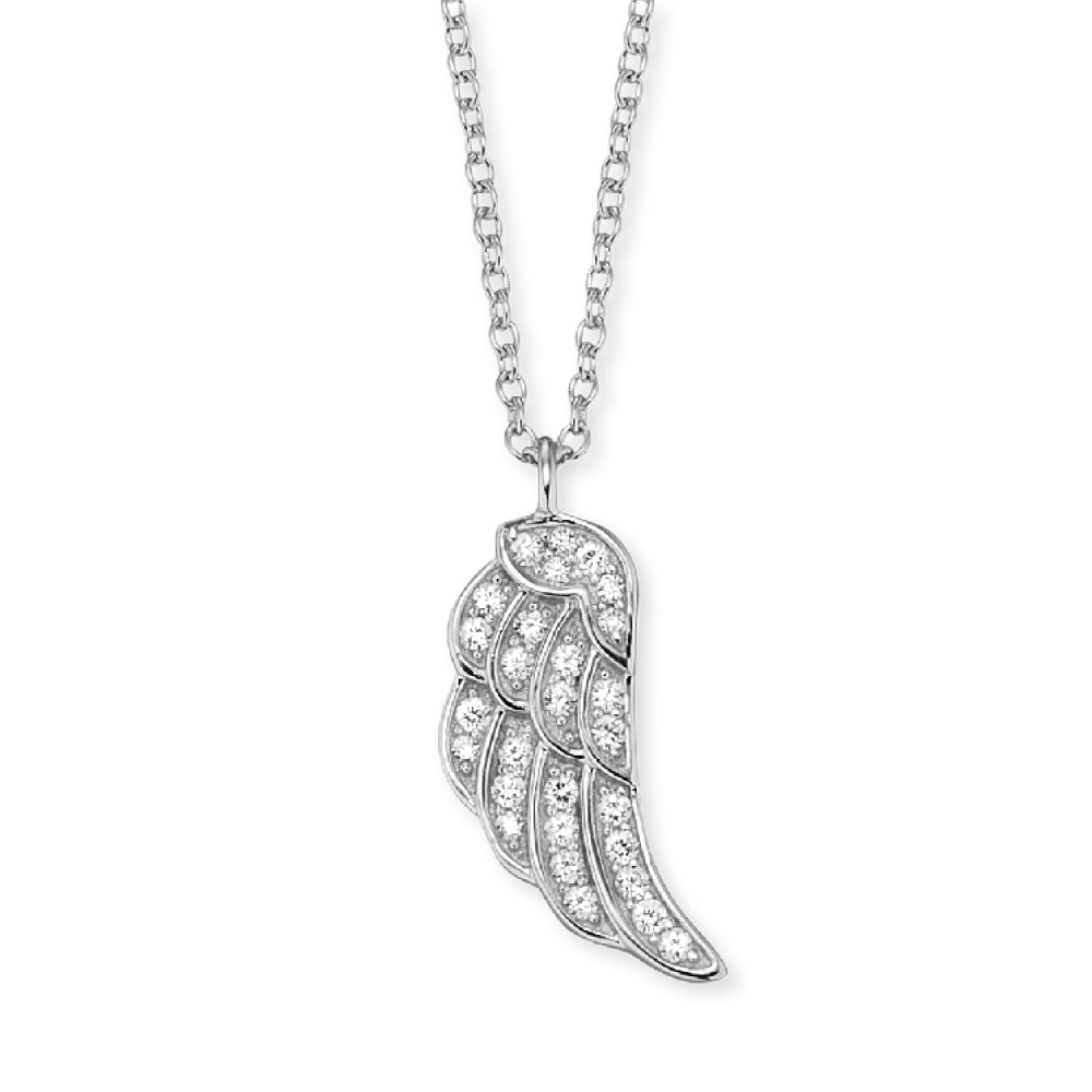 Angel Whisperer Sterling Silver Wing CZ Necklace 17mm 17" - Samuel Perry