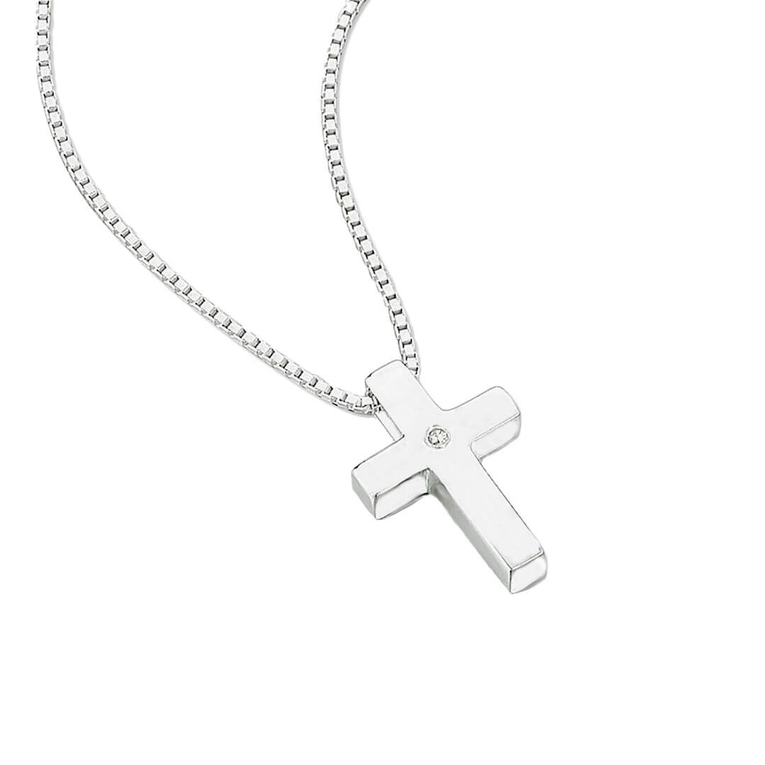 Sterling Silver Boys Diamond Set Plain Cross Pendant - Samuel Perry