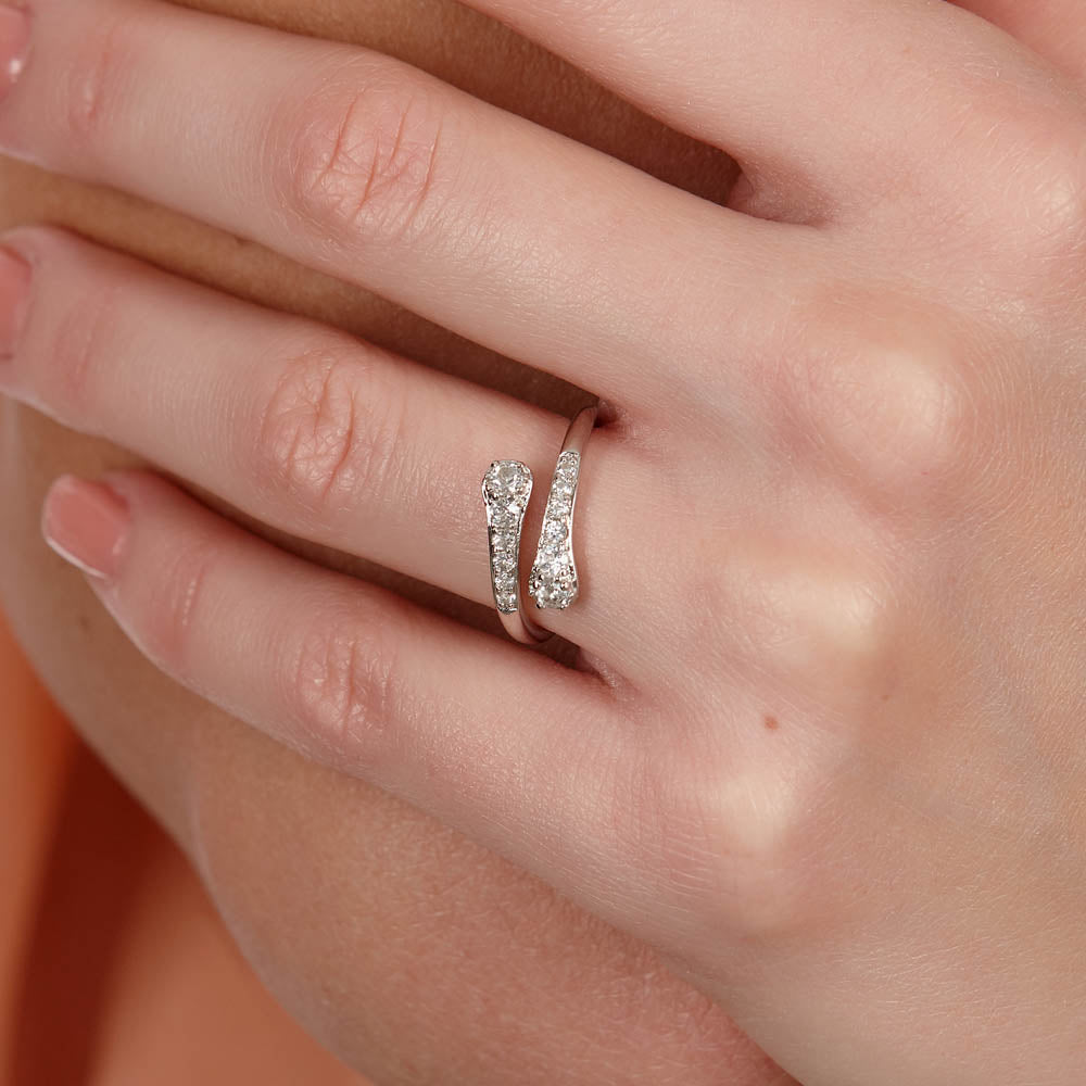 Sterling Silver Cross Over Skinny Drip Ring with White Topaz - Samuel Perry