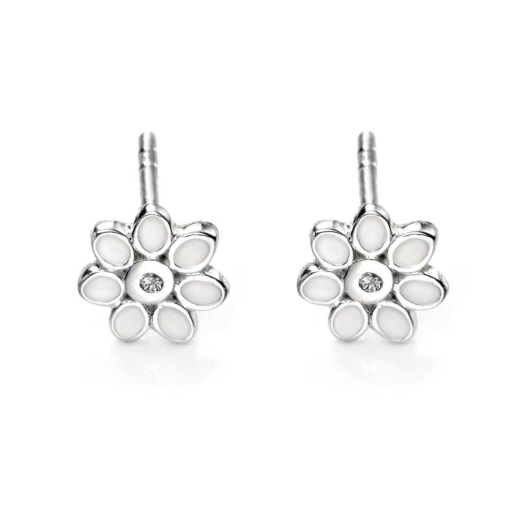 Sterling Silver Diamond White Enamel Flower Stud Earring - Samuel Perry