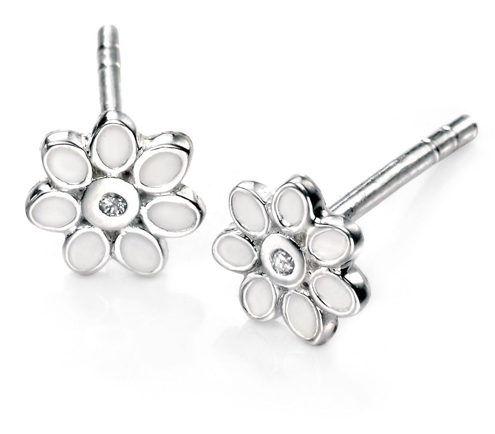 Sterling Silver Diamond White Enamel Flower Stud Earring - Samuel Perry