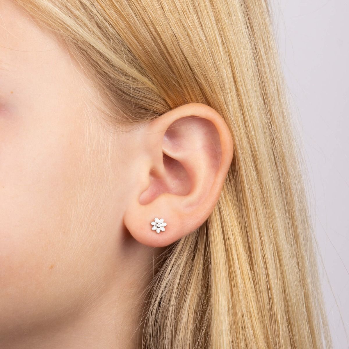 Sterling Silver Diamond White Enamel Flower Stud Earring - Samuel Perry