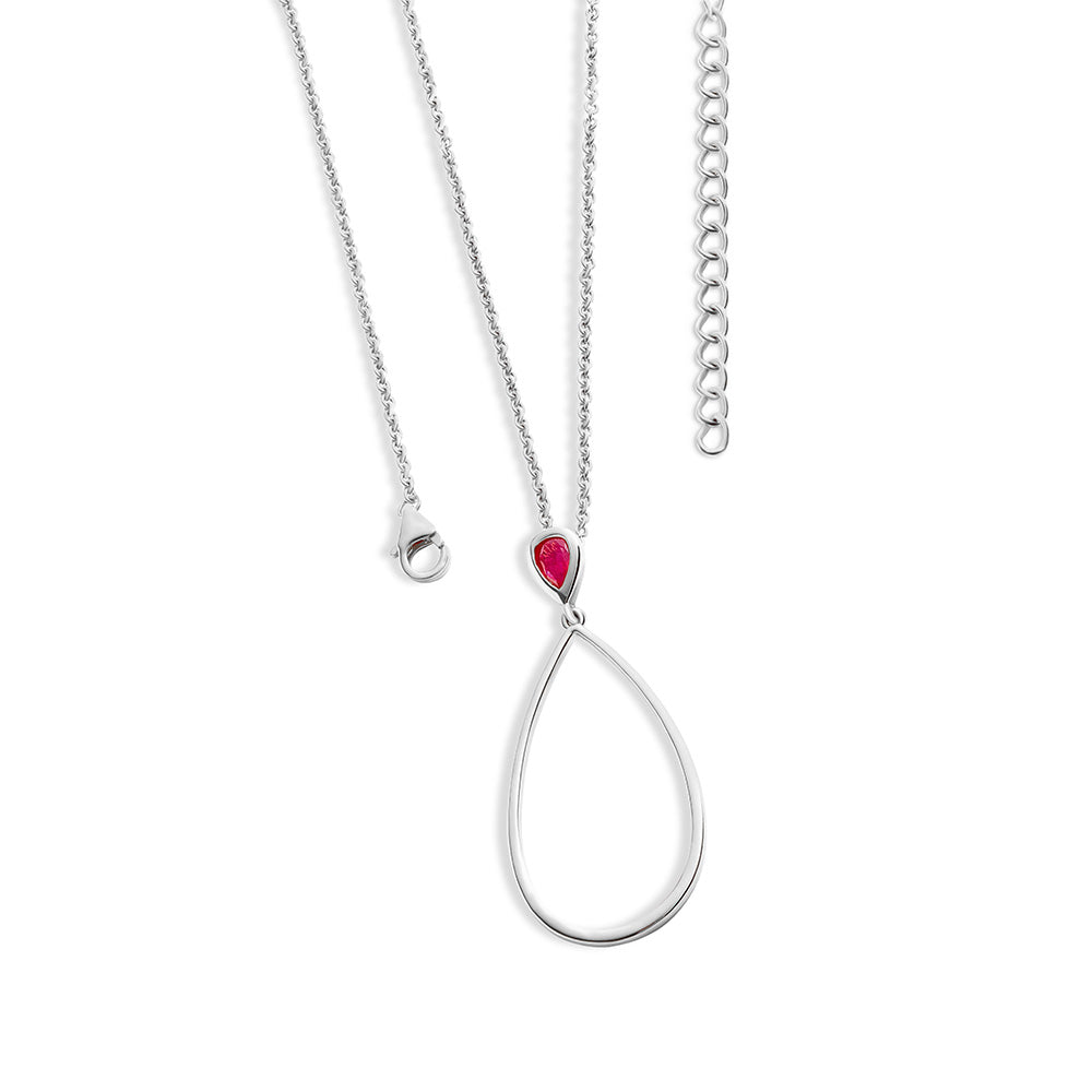 Sterling Silver Long Petal Drop Necklace with Pear Cut Ruby - Samuel Perry