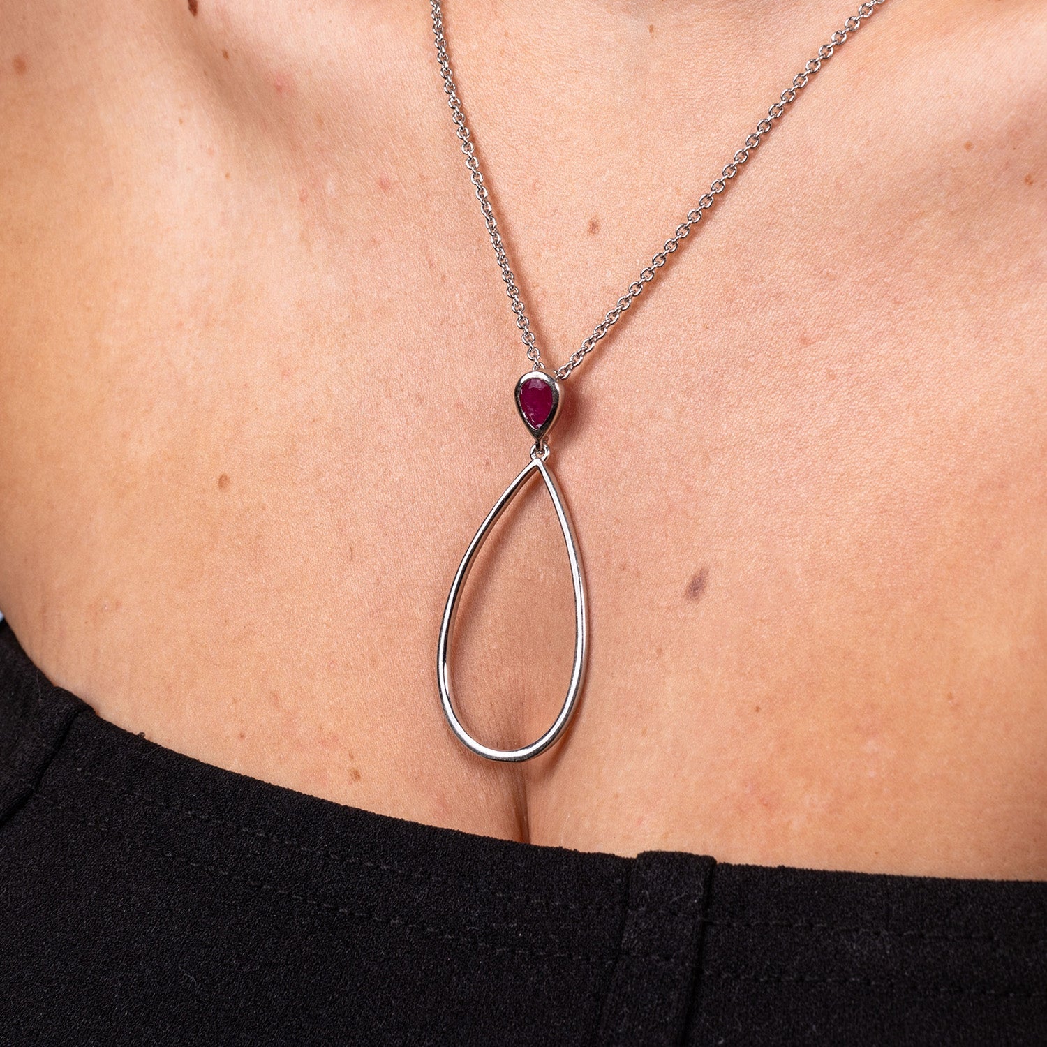 Sterling Silver Long Petal Drop Necklace with Pear Cut Ruby - Samuel Perry