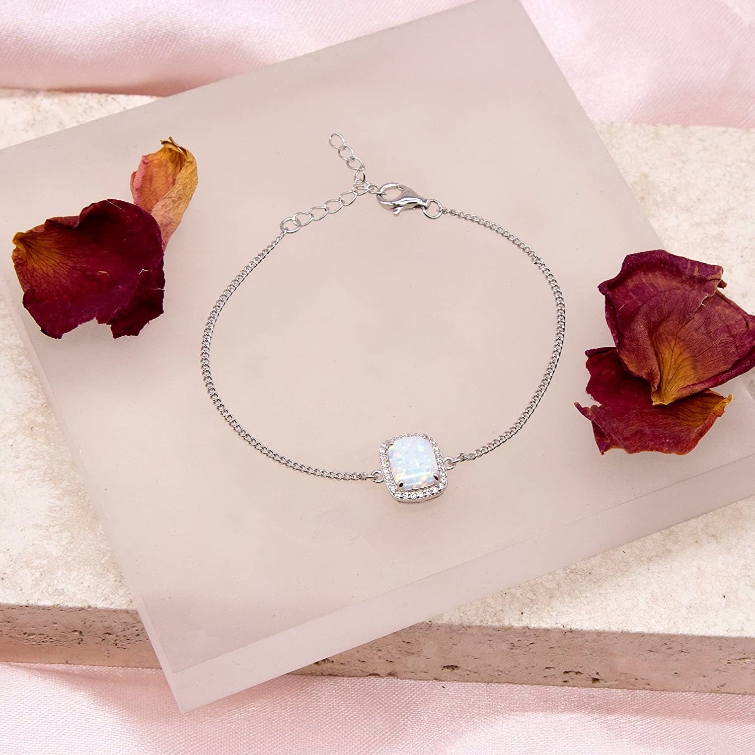 Sterling Silver Opal Halo Bracelet, 12mm Crystal Halo, 7.5" Length, Fashionable Women's Jewellery, Gift Box Included - Samuel Perry