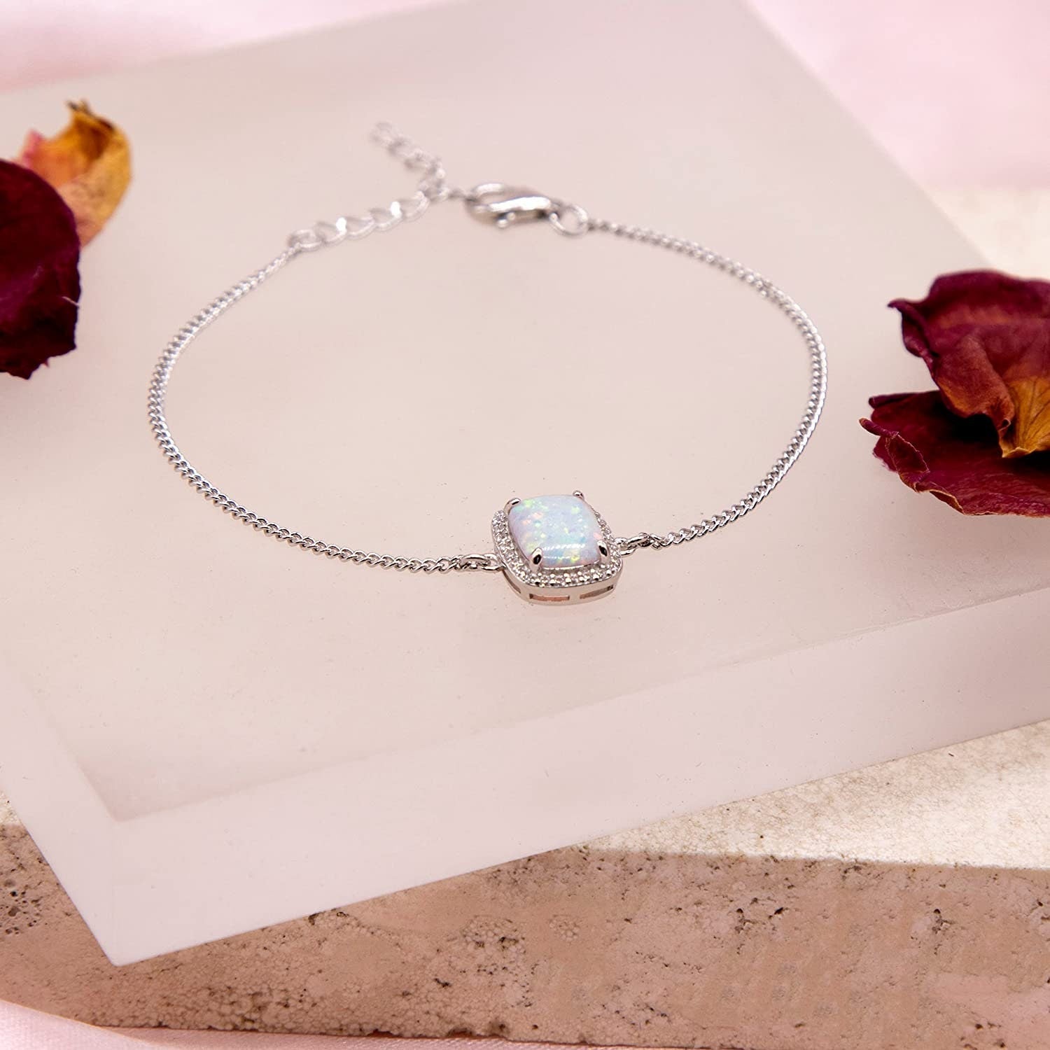 Sterling Silver Opal Halo Bracelet, 12mm Crystal Halo, 7.5" Length, Fashionable Women's Jewellery, Gift Box Included - Samuel Perry