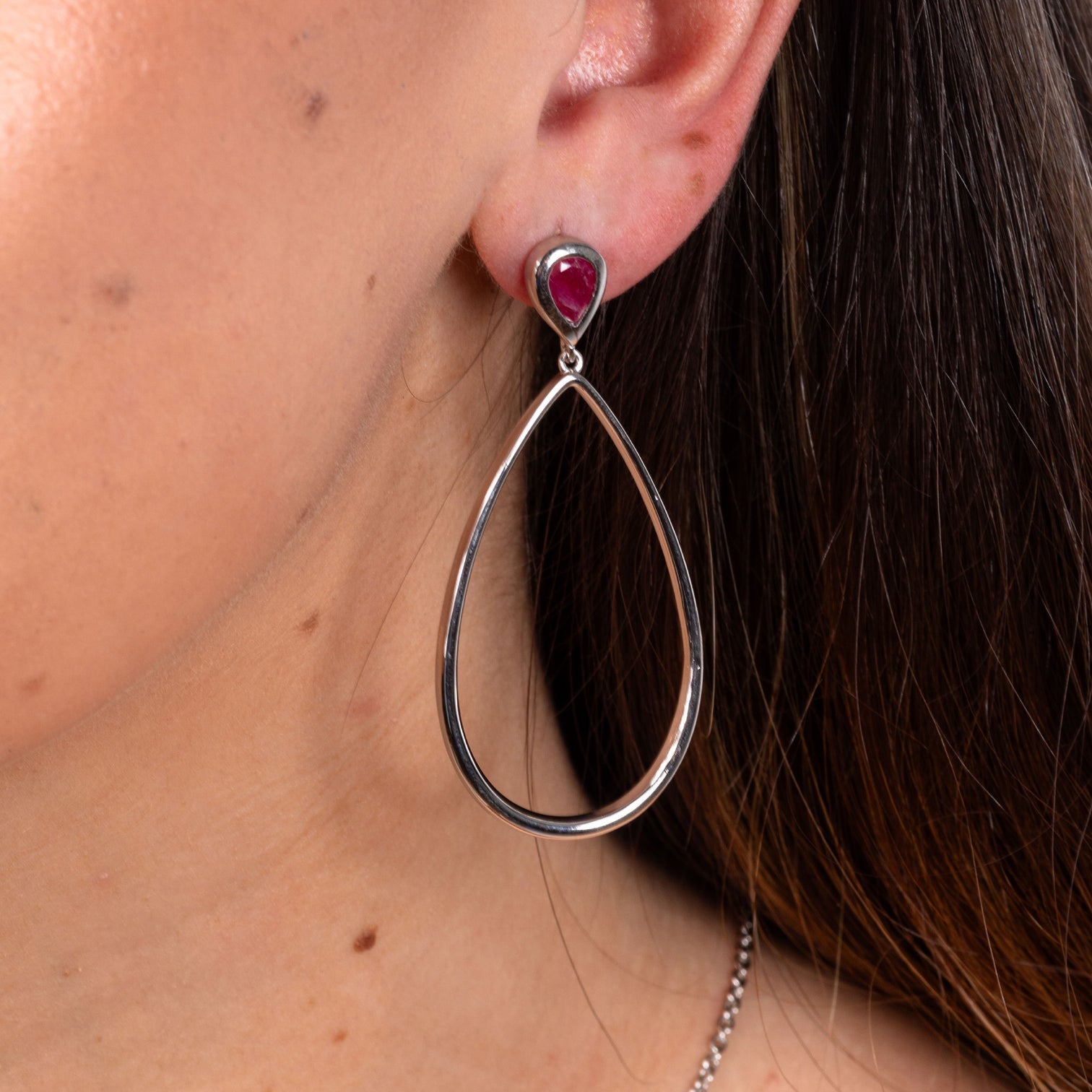 Sterling Silver Petal Drop Earrings with Pear Cut Ruby - Samuel Perry