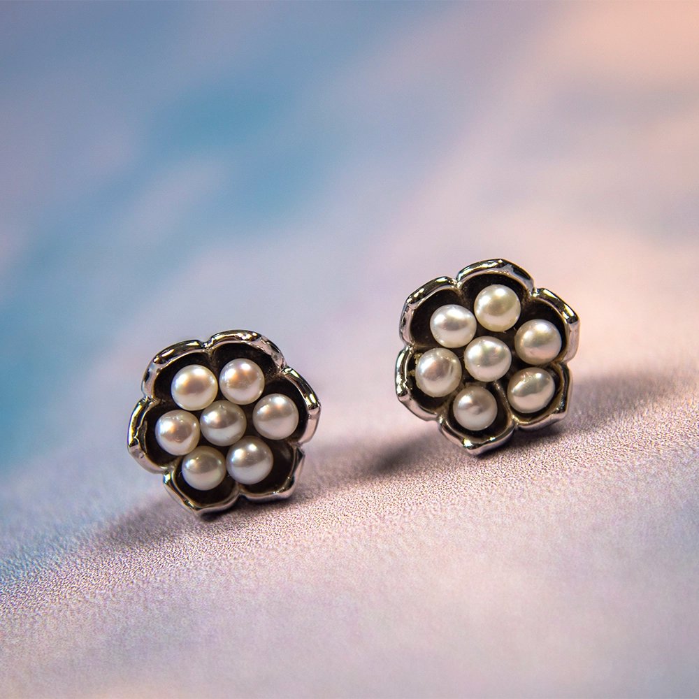 Sterling Silver Royal Pearl Flower Studs - Samuel Perry