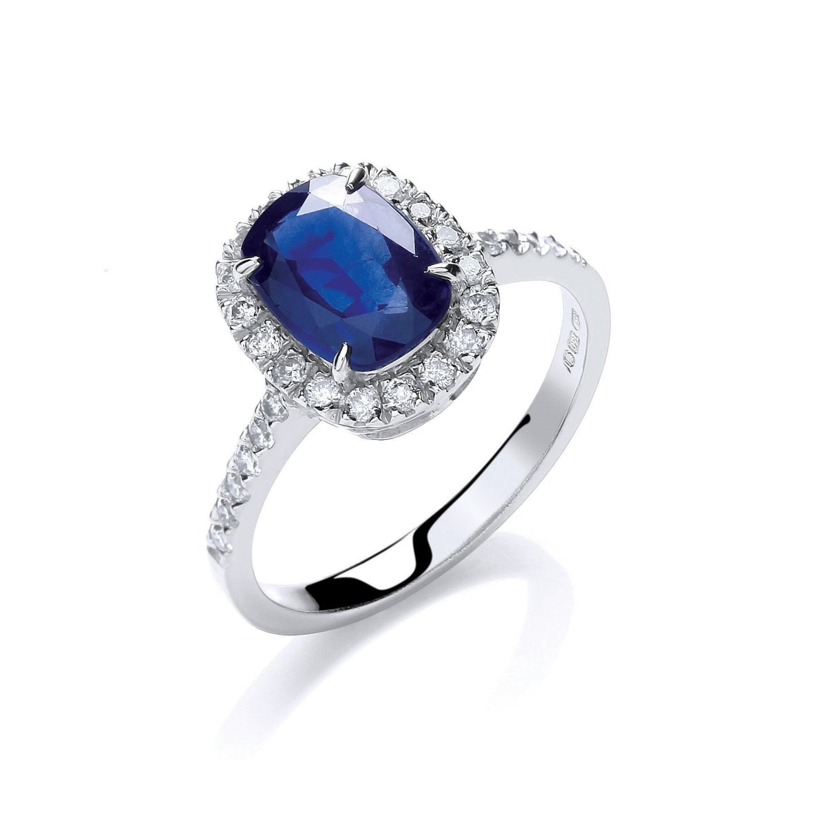 18ct White Gold 0.25ct Diamond & Cushion 1.75ct Sapphire Ring - Samuel Perry