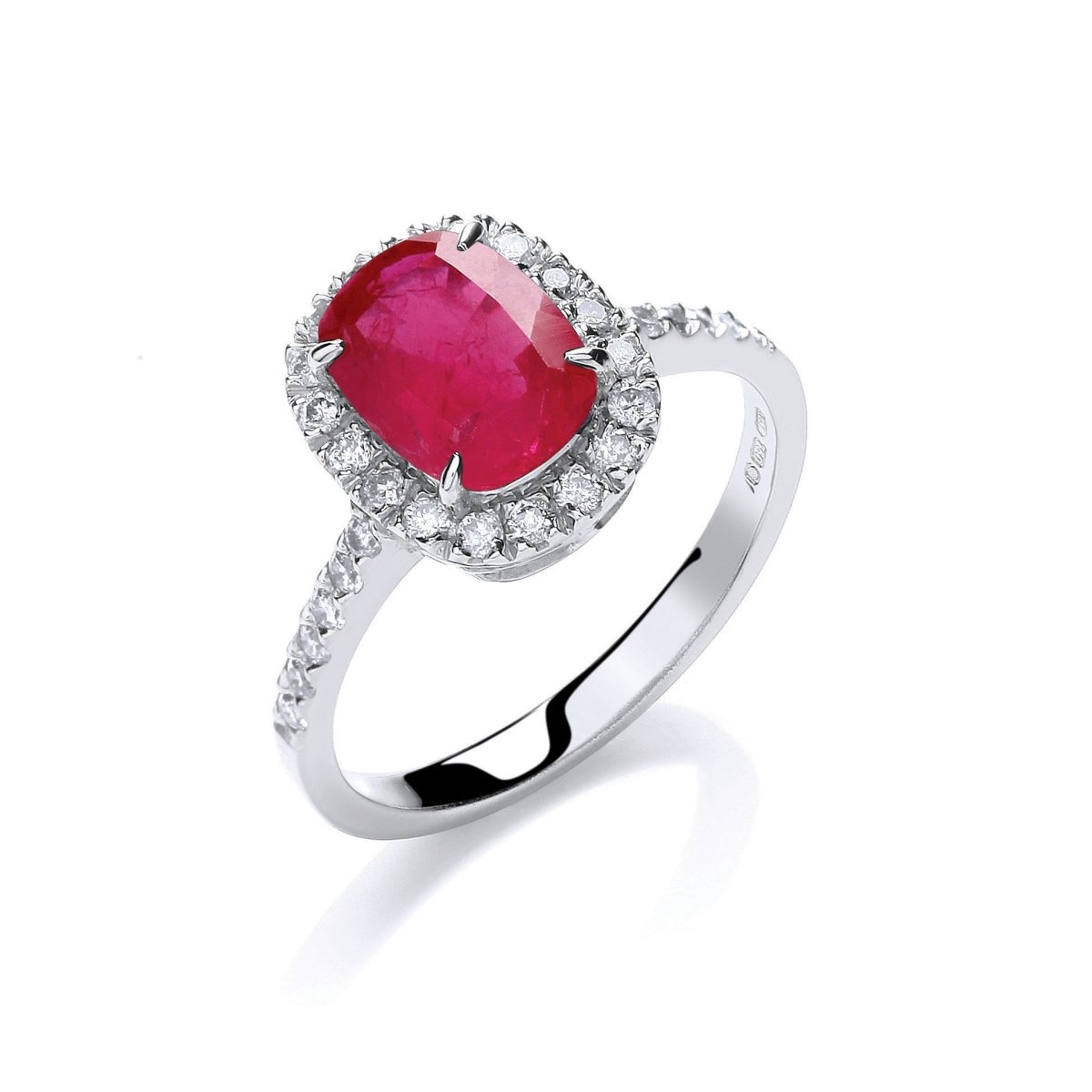 18ct White Gold 0.25ct Diamond & Cushion 1.90ct Ruby Ring - Samuel Perry