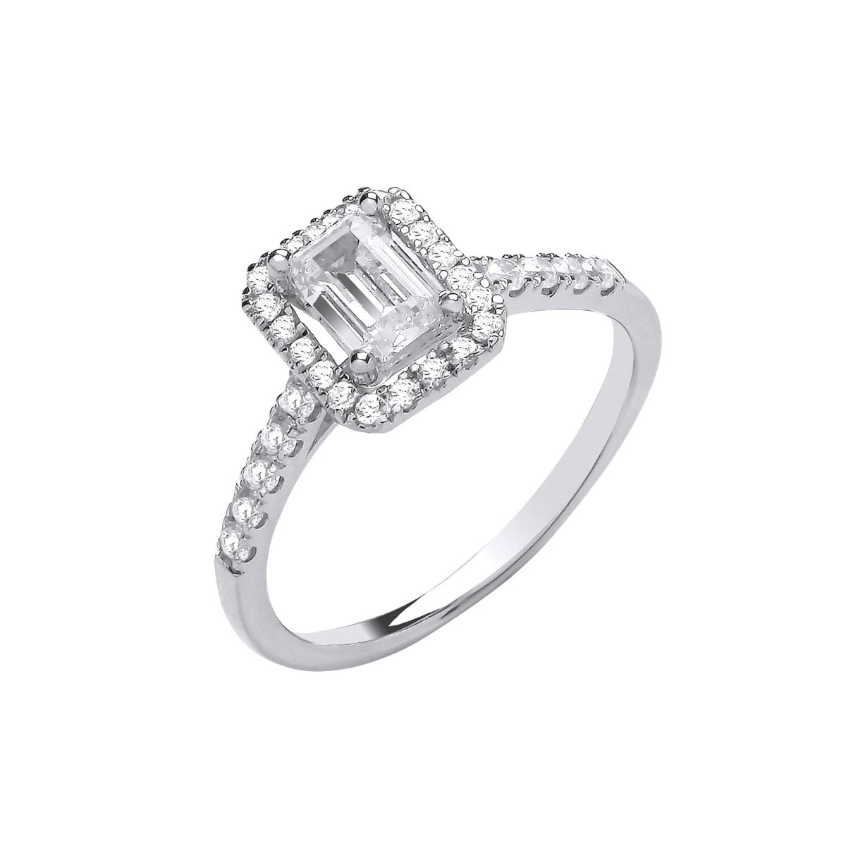 18ct White Gold 0.90ct Diamond Emerald Cut Halo Engagement Ring - Samuel Perry