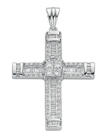 18ct White Gold 1.52ct Diamond Cross – Brilliant, Princess & Baguette Cut - Samuel Perry