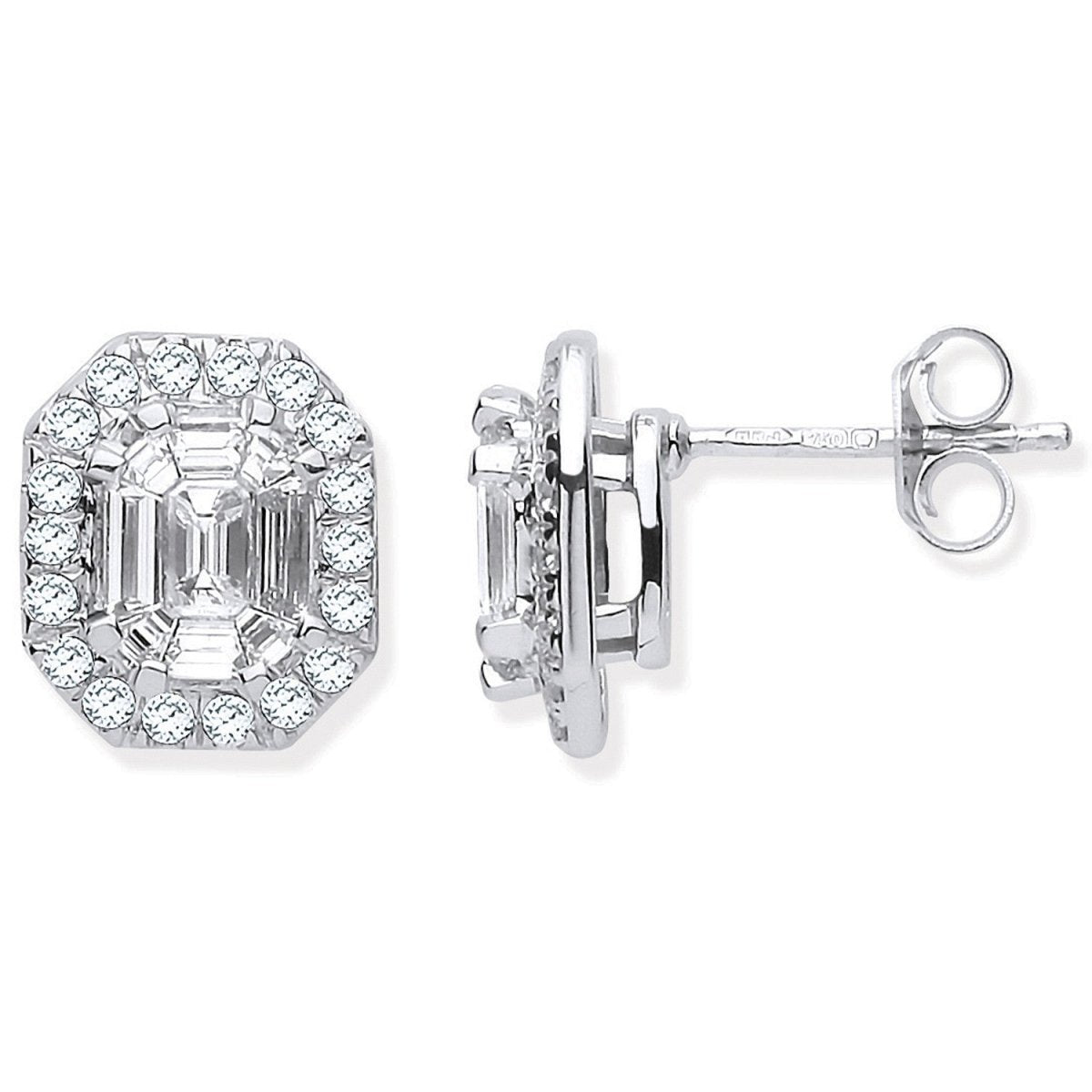 18ct White Gold Round Baguettes & Emerald Centre 1.40ctw Diamond Studs - Samuel Perry