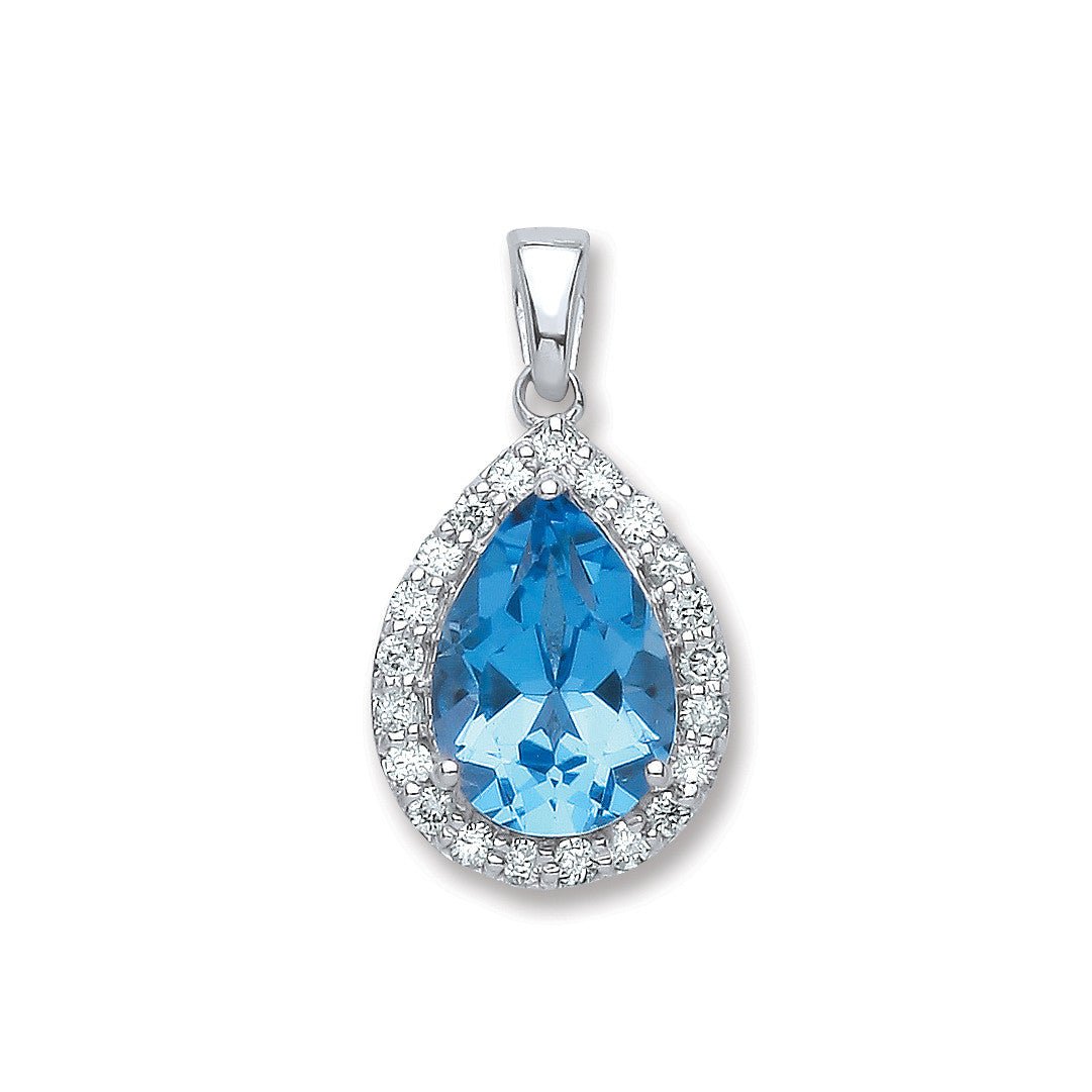 9ct White Gold 0.20ct Diamond & 2.5ct Blue Topaz Pear Pendant - Samuel Perry