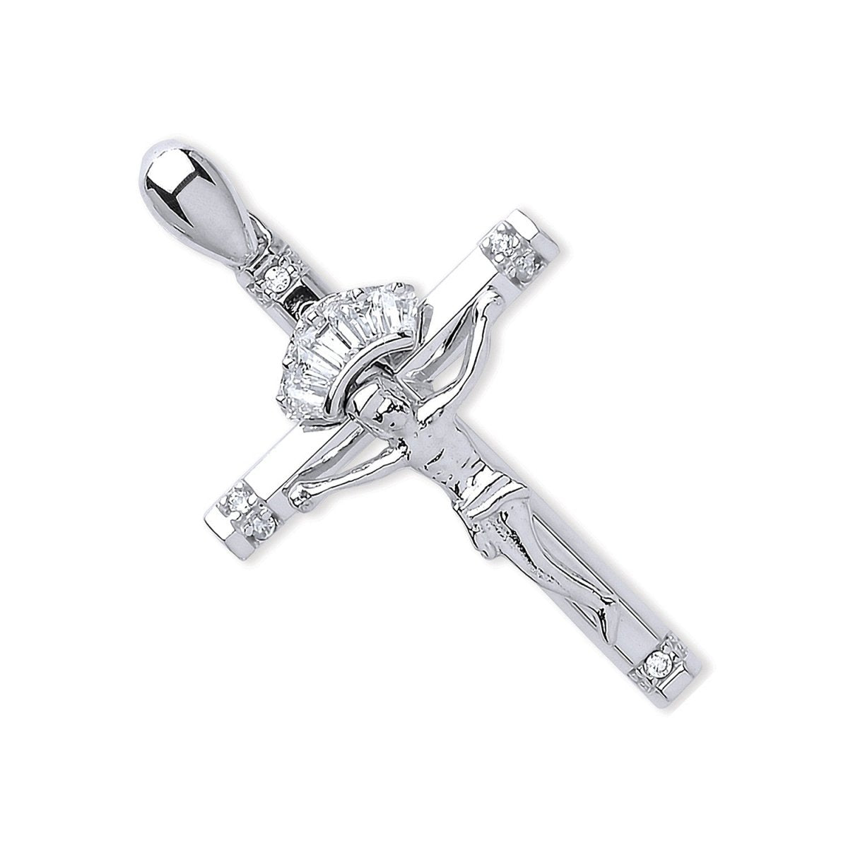 9ct White Gold CZ Baguette & Round Crucifix – Radiant & Devotional - Samuel Perry