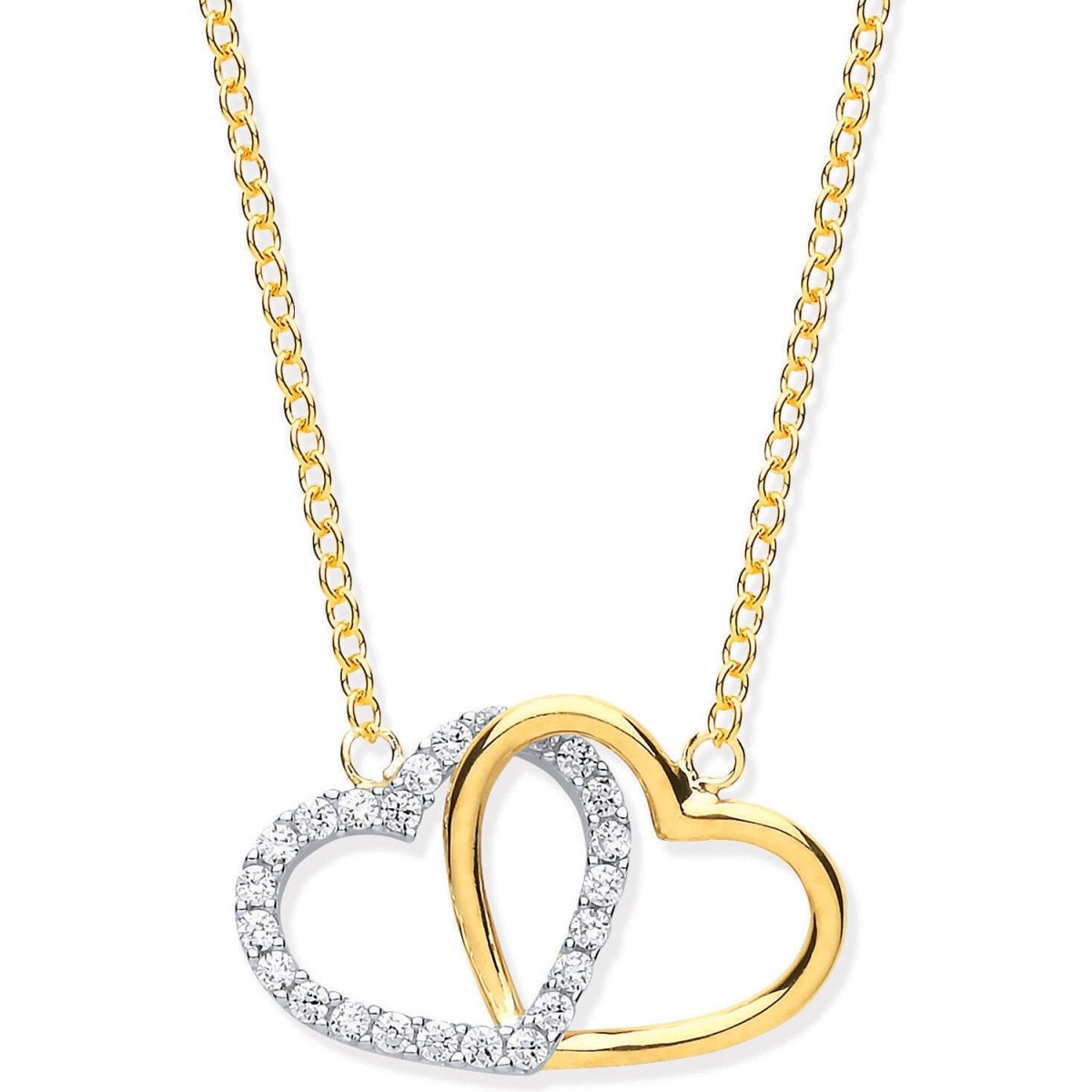 9ct Yellow and White Gold Plain and CZ Joined Hearts Necklace on 18" Chain - Samuel Perry