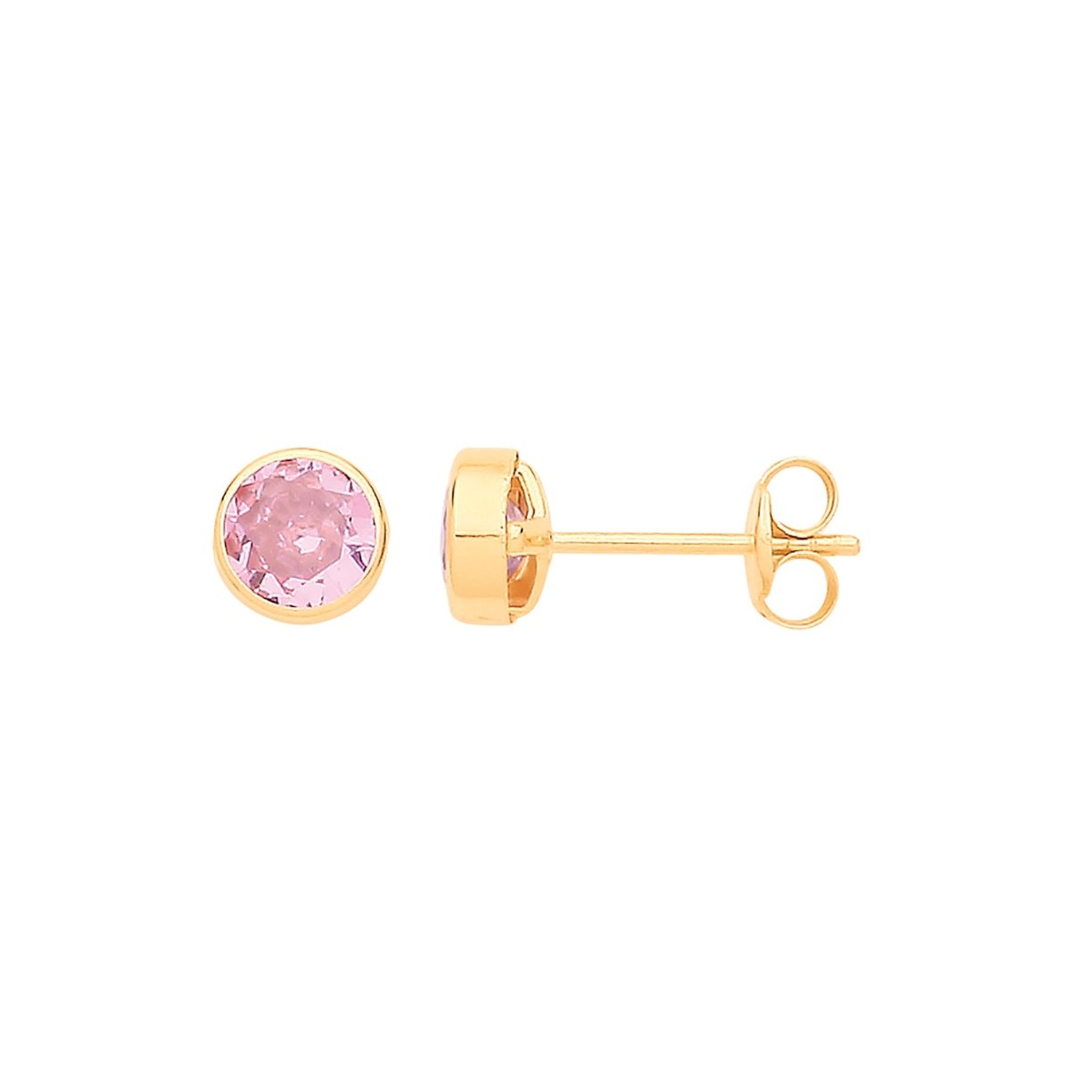 9ct Yellow Gold 5mm Rubover Set Pink CZ Stud Earrings - Samuel Perry