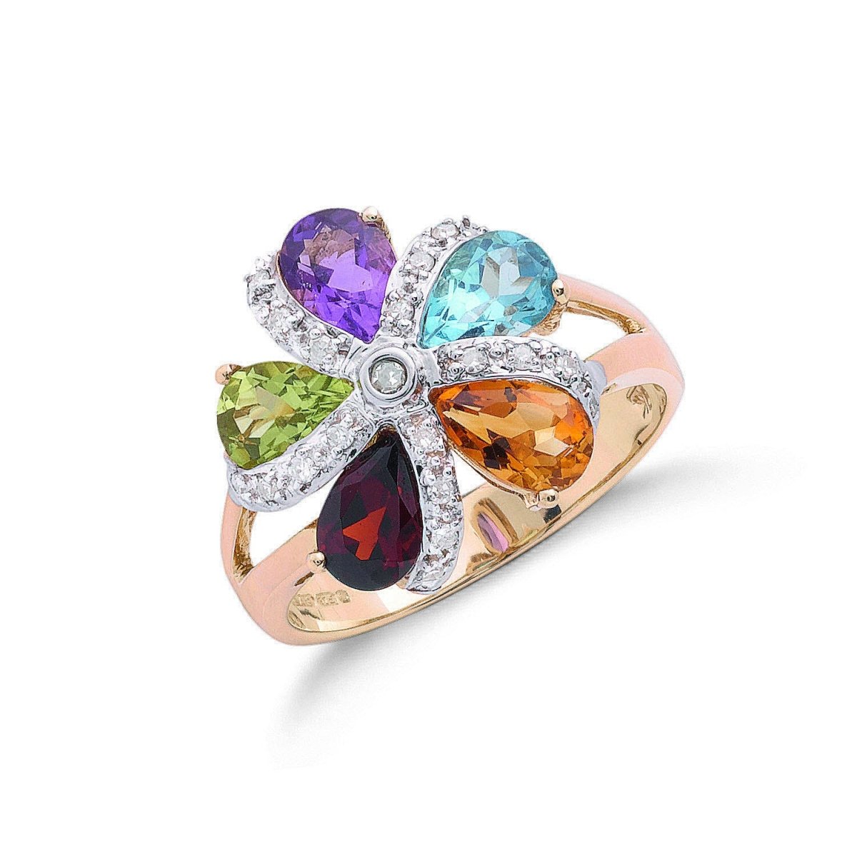 9ct Yellow Gold Diamond & Multi - Gemstone Cluster Ring - Samuel Perry