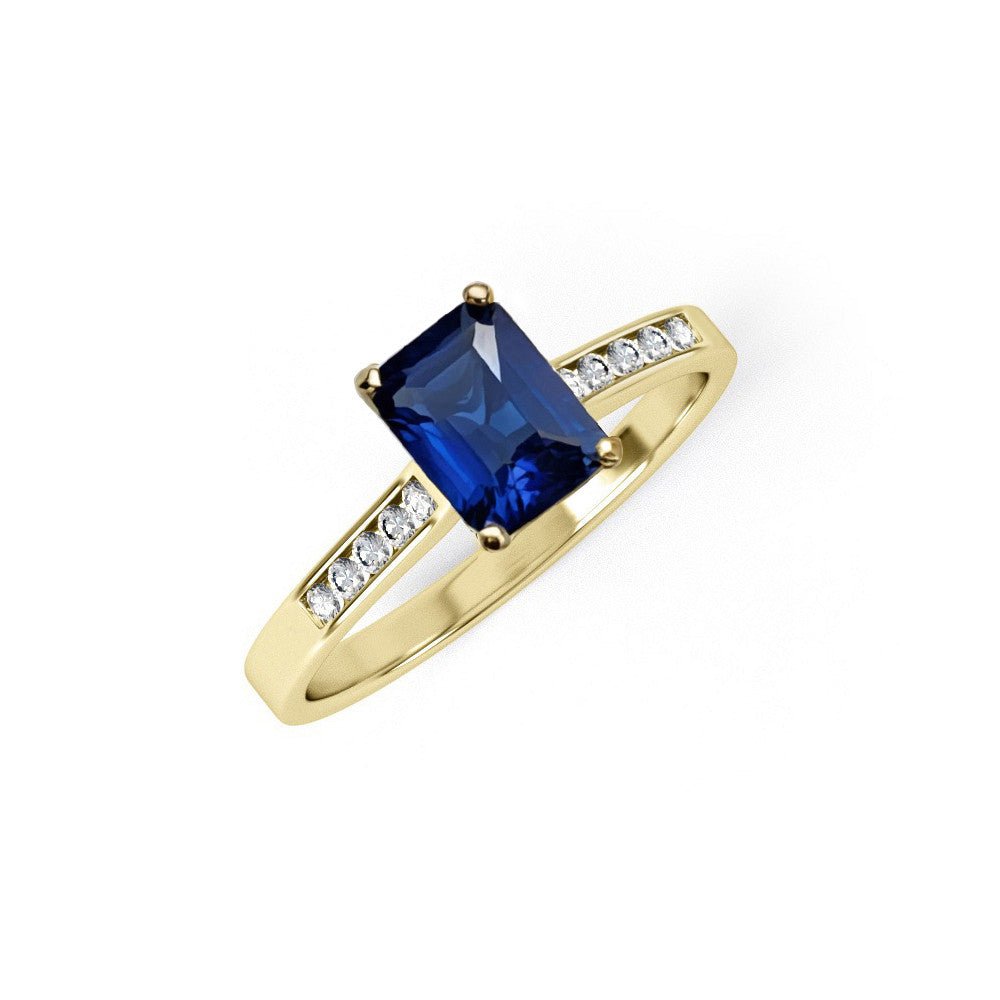 9ct Yellow Gold Emerald Cut Blue CZ Ladies Ring - Samuel Perry