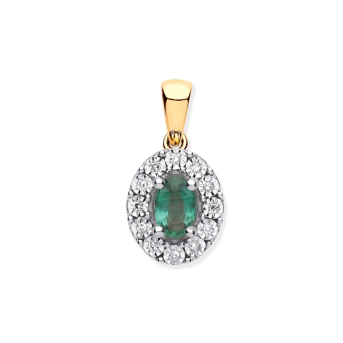 9ct Yellow Gold Emerald & Diamond Cluster Pendant - 0.40ct Emerald, 0.05ct Diamonds - Samuel Perry