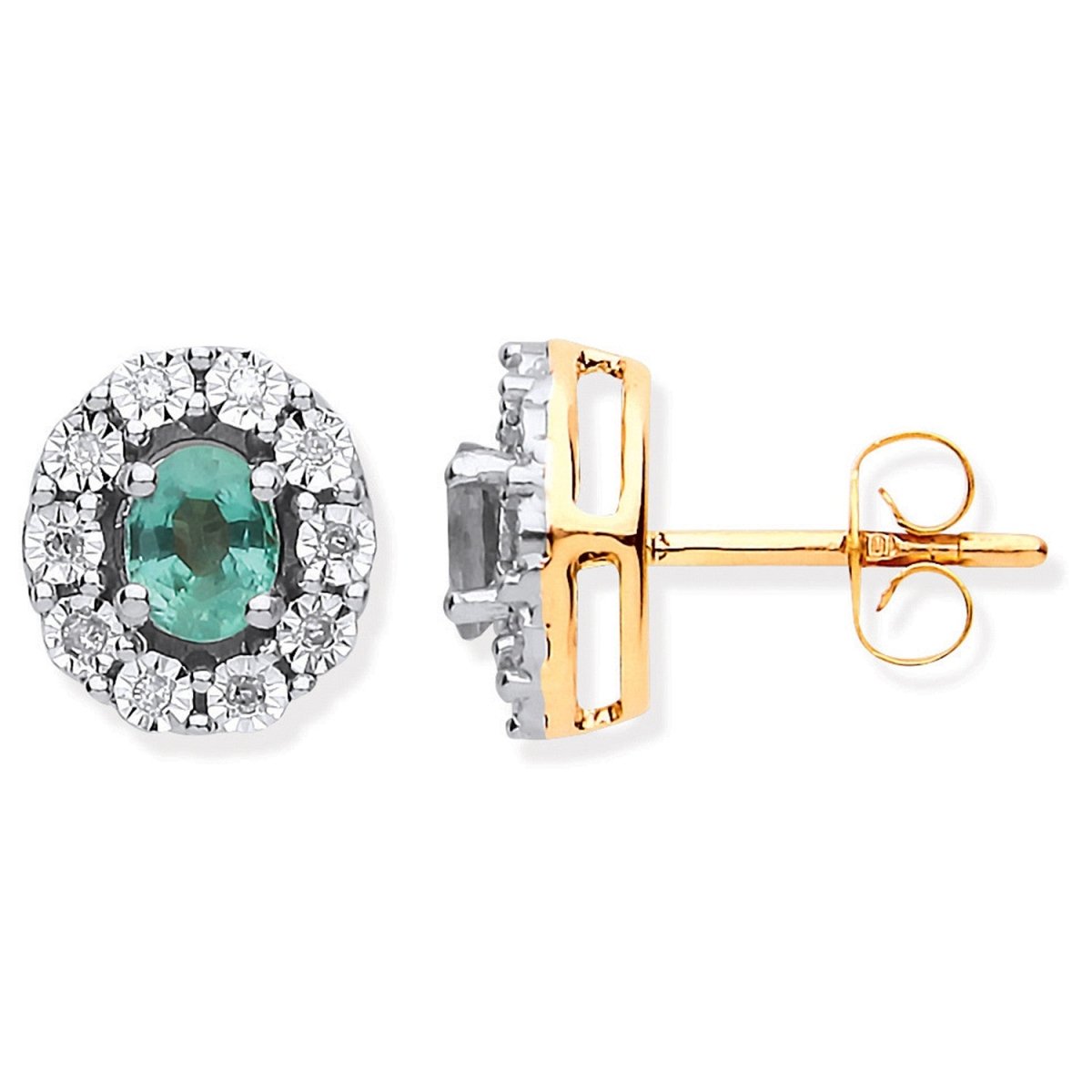 9ct Yellow Gold Emerald & Diamond Oval Stud Earrings - Samuel Perry