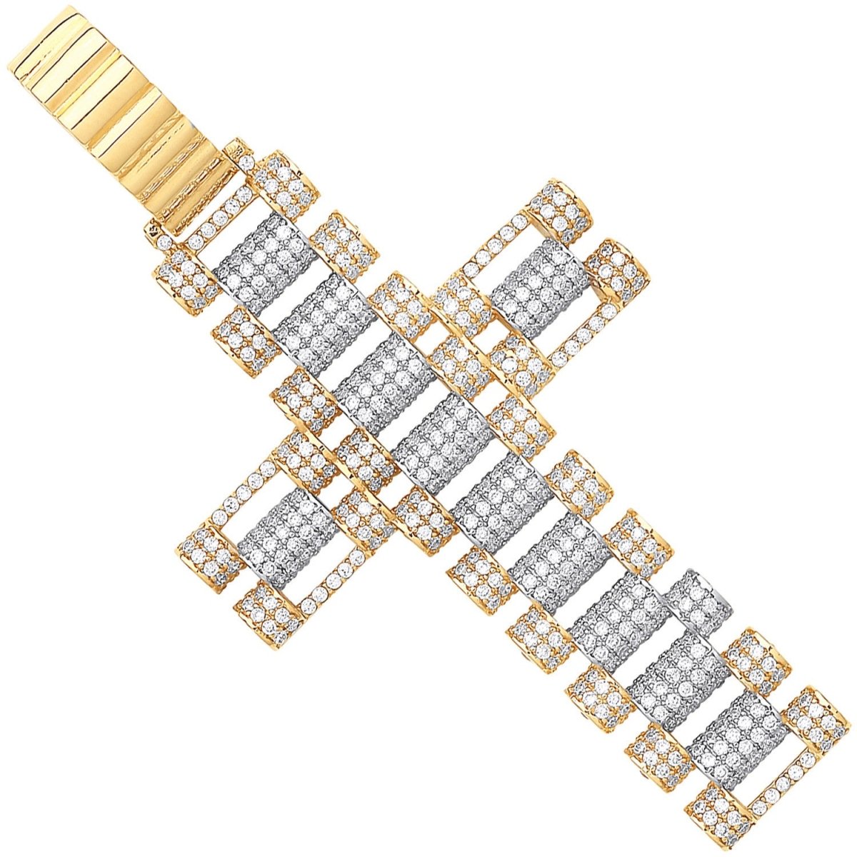 9ct Yellow & White Gold CZ Fancy Link Large Cross – Bold and Luxurious - Samuel Perry