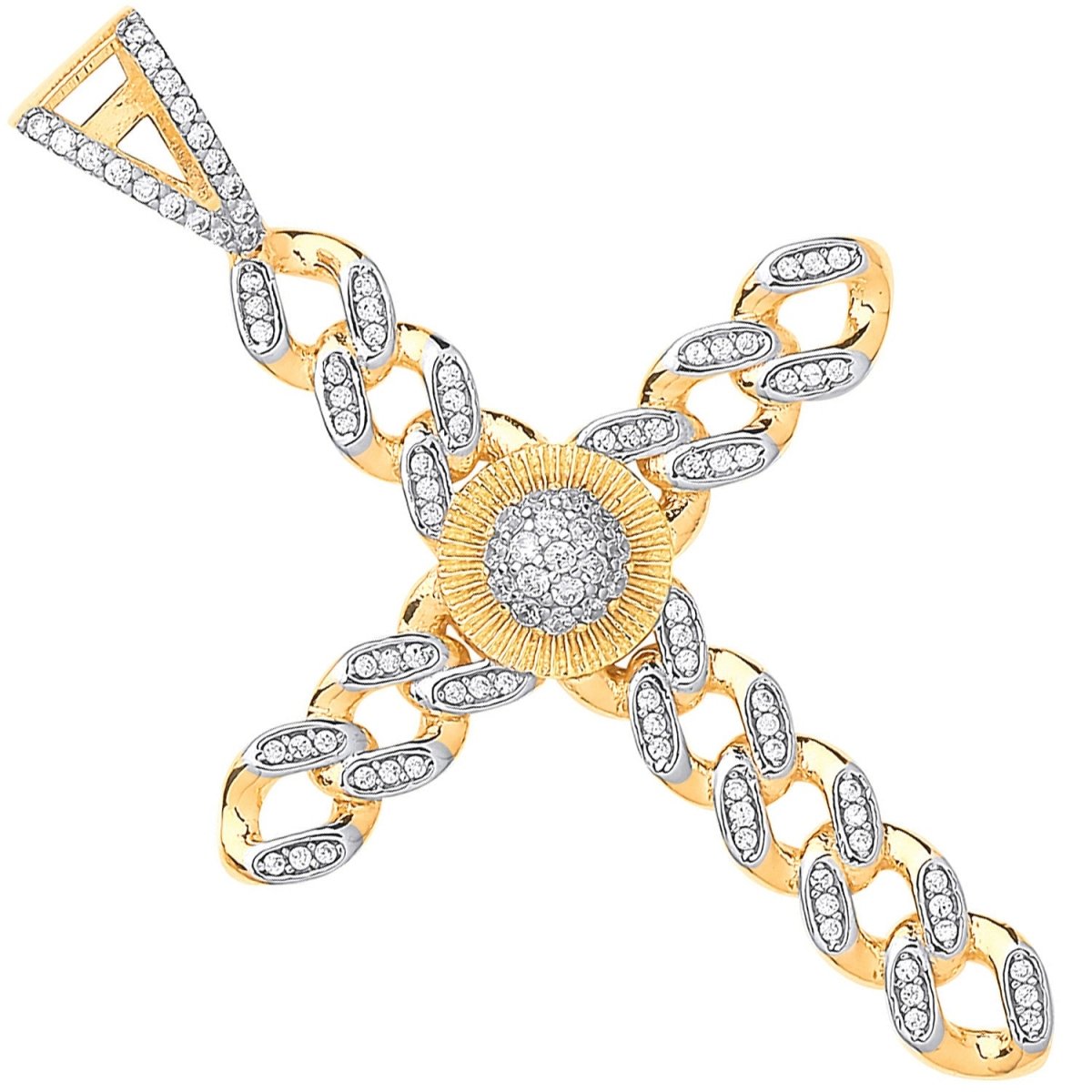 9ct Yellow & White Gold Large CZ Curb Link Cross – Bold & Timeless - Samuel Perry