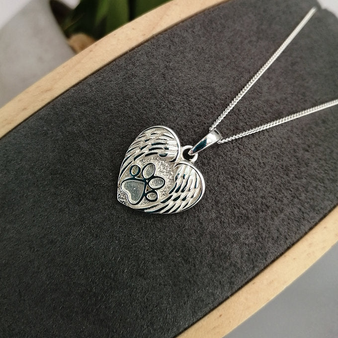Angel Wing Heart Paw Memorial Necklace in Sterling Silver - Samuel Perry