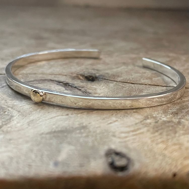 Dainty Sterling Silver Cuff Bangle Bracelet with 9ct Gold Bobble - Samuel Perry