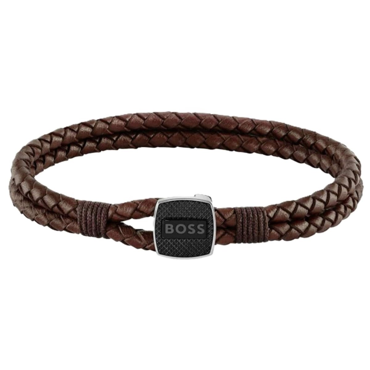Gents BOSS Seal Brown Leather Braided Bracelet - Samuel Perry