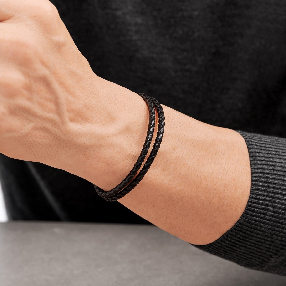 Hugo Boss Gents BOSS Seal Black Leather & Stainless Steel Bracelet - Samuel Perry