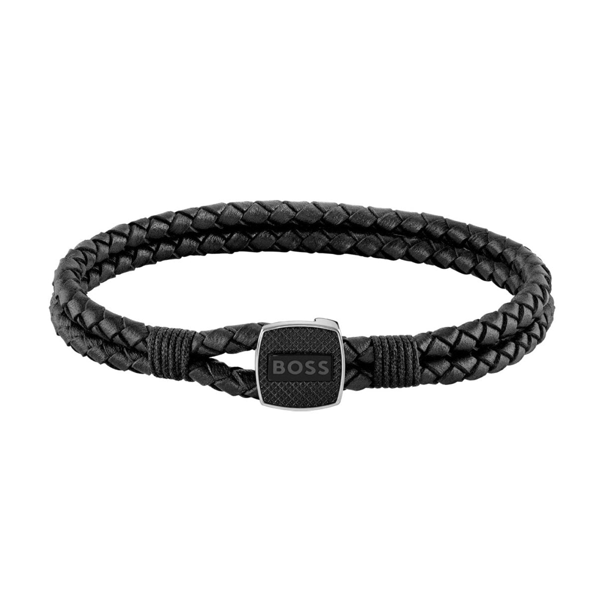 Hugo Boss Gents BOSS Seal Black Leather & Stainless Steel Bracelet - Samuel Perry
