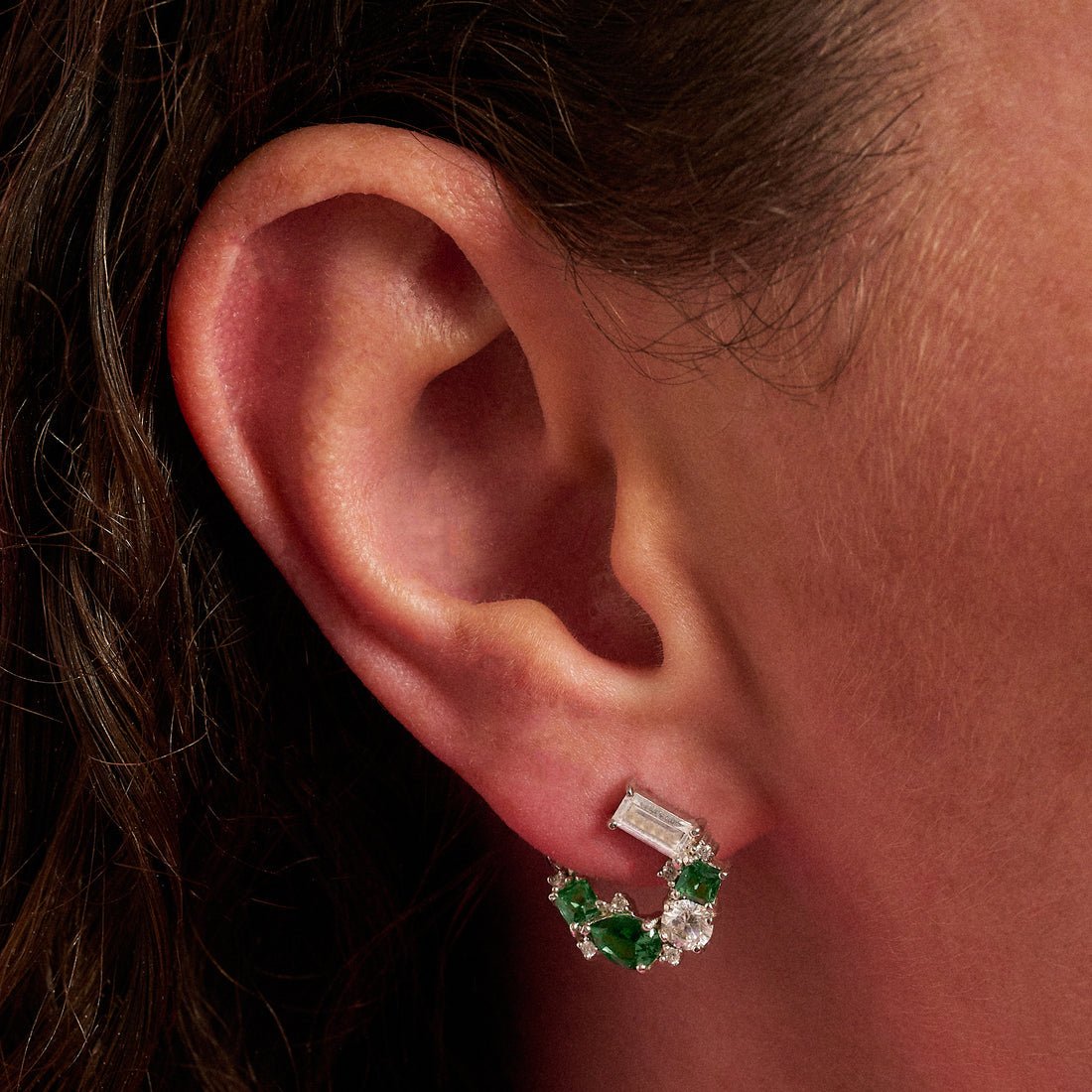 Lottie Cluster Sideways Hoops Emerald, Clear CZ and Silver - Samuel Perry