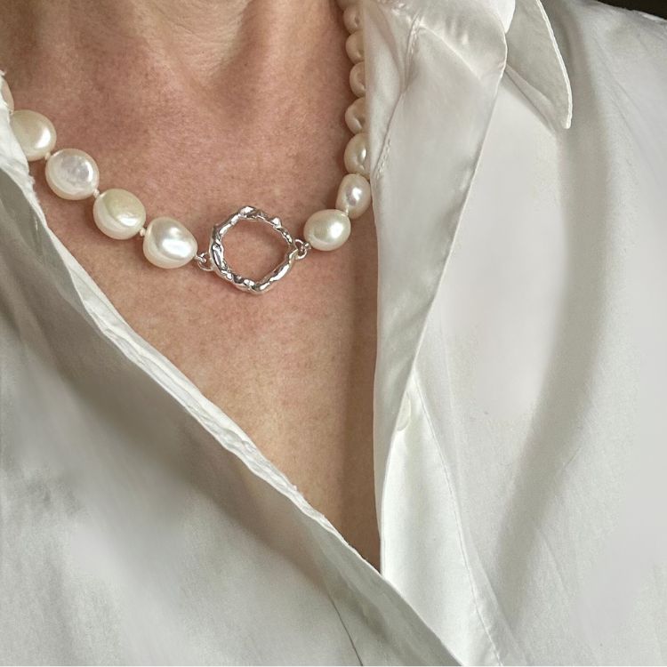 Molten Halo Sterling Silver and Pearl Choker Necklace - Samuel Perry