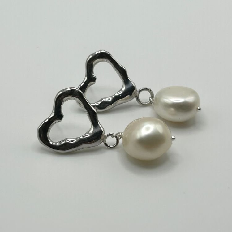Molten Heart Sterling Silver Pearl Drop Earrings - Samuel Perry