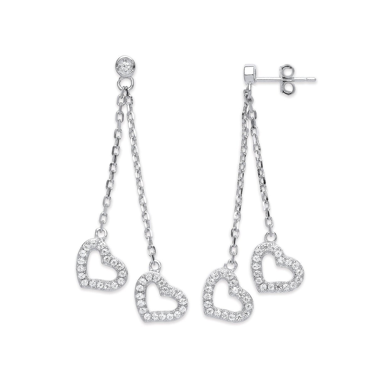 Sterling Silver 2 - Strand CZ Hearts Drop Earrings - Samuel Perry