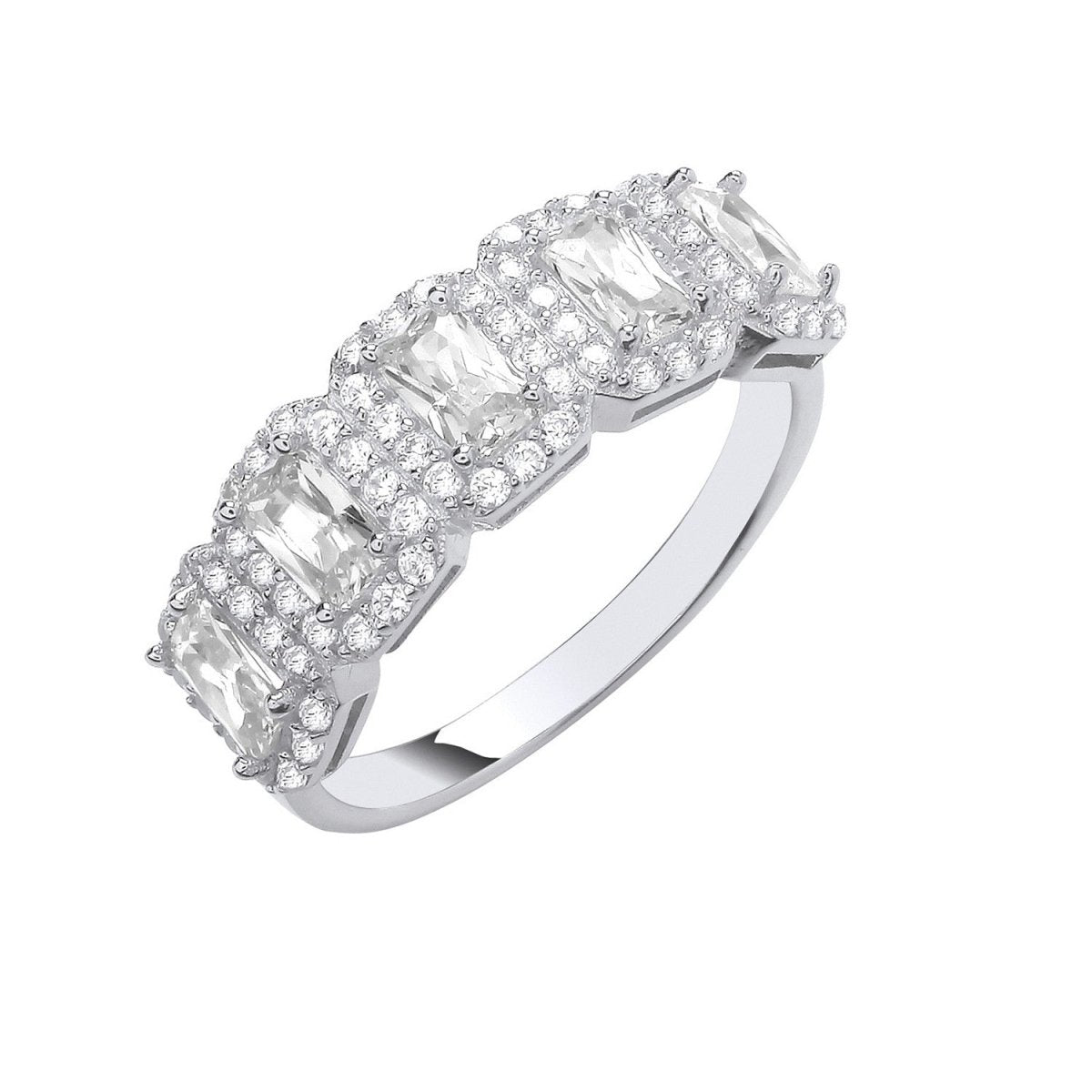 Sterling Silver 5 Emerald Cut CZs Halo Ring - Samuel Perry