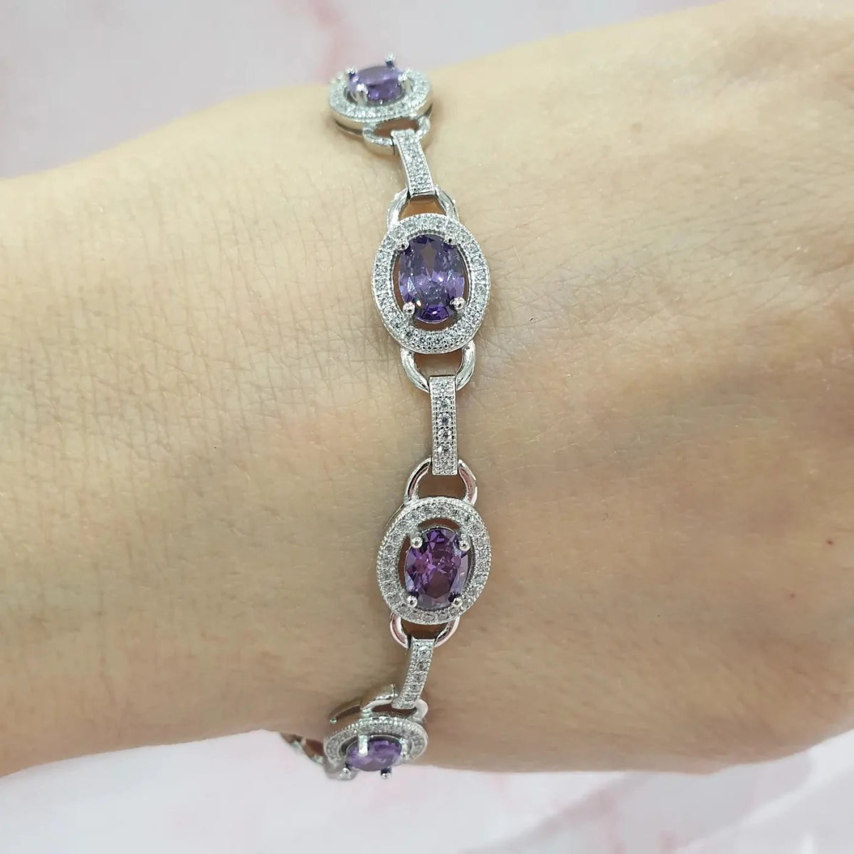 Sterling Silver Amethyst and CZ Oval Halo Bracelet - Samuel Perry