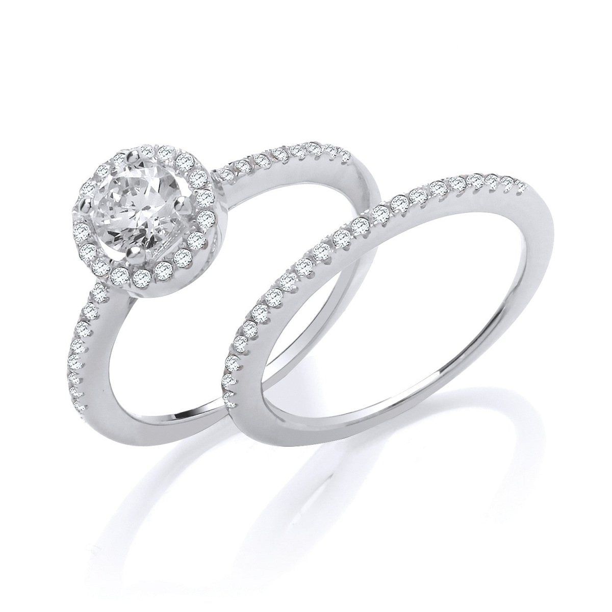 Sterling Silver Bridal Set Halo Solitaire with Half ET CZ - Samuel Perry