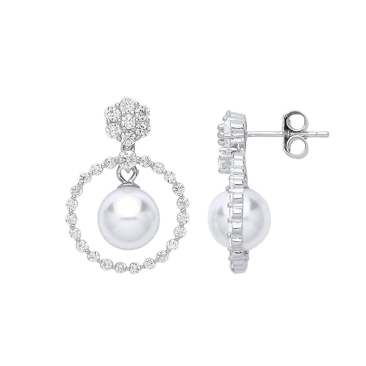 Sterling Silver Circle of Life Pearl & Cz Drop Earrings - Samuel Perry