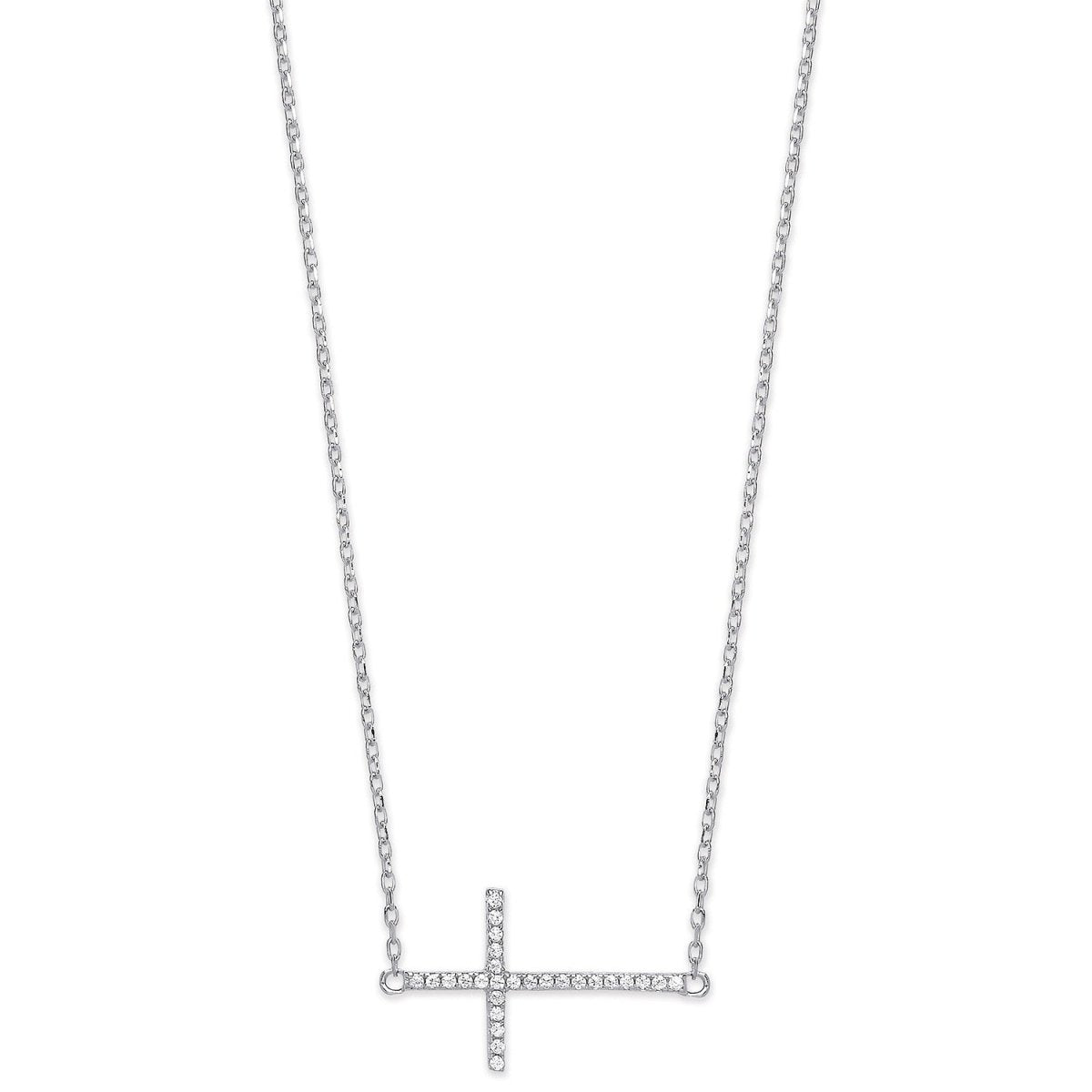 Sterling Silver CZ Sideways Cross Pendant 16" Necklace with Extension - Samuel Perry