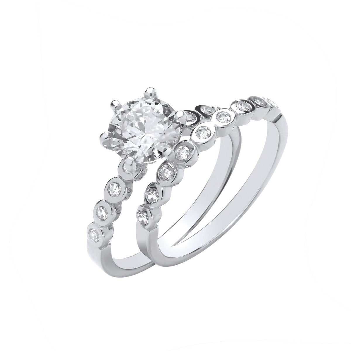 Sterling Silver Elegant Bridal Set Big CZ S/S & Rubover Half ET Rings - Samuel Perry