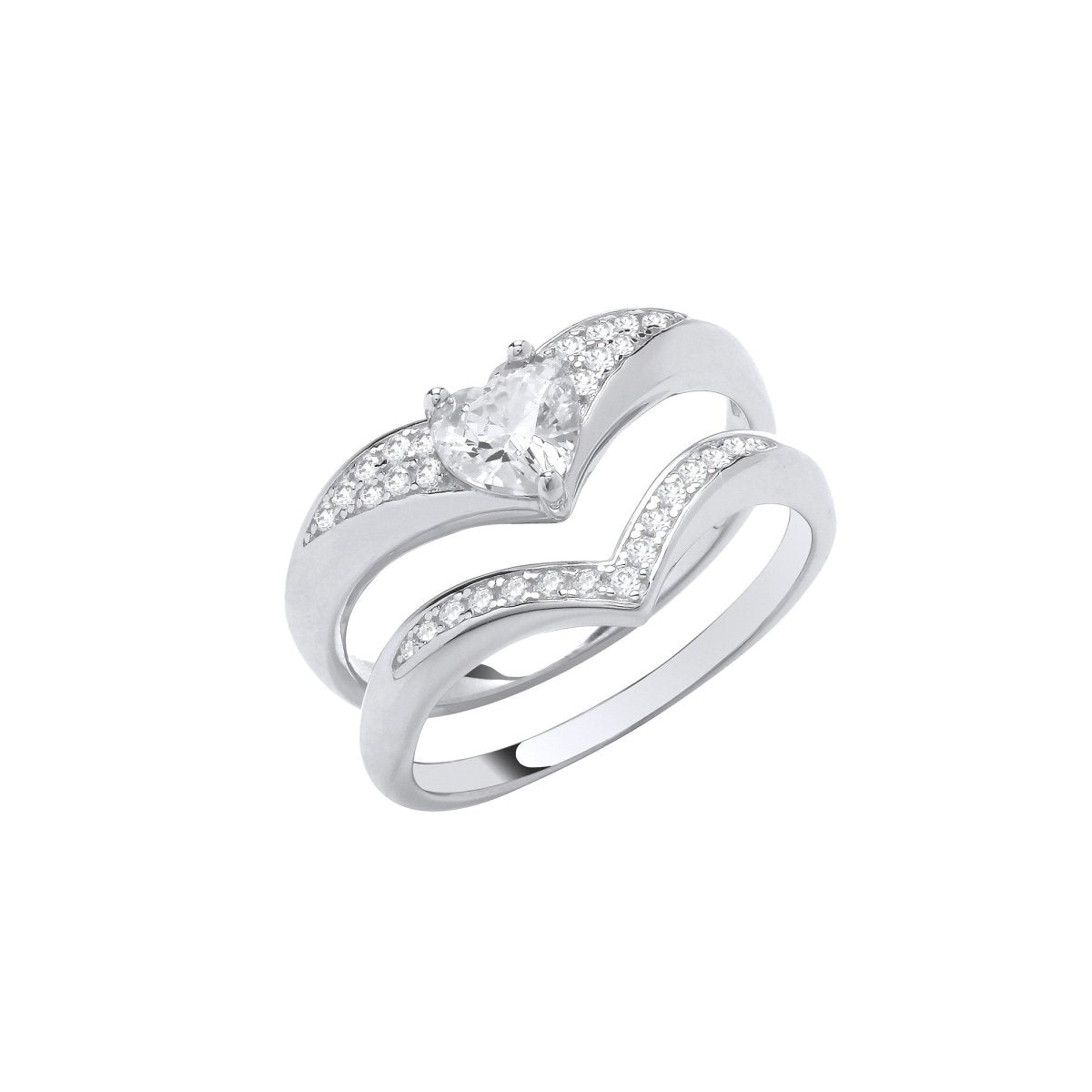 Sterling Silver Elegant Bridal Set Heart CZ Wishbone Rings - Samuel Perry