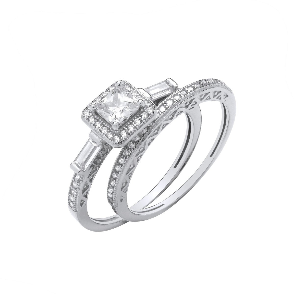 Sterling Silver Elegant Bridal Set P/Cut & Baguette CZs Half ET Rings - Samuel Perry
