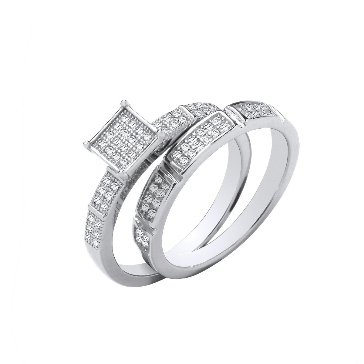 Sterling Silver Elegant Bridal Set Square Top CZ Half ET Rings - Samuel Perry