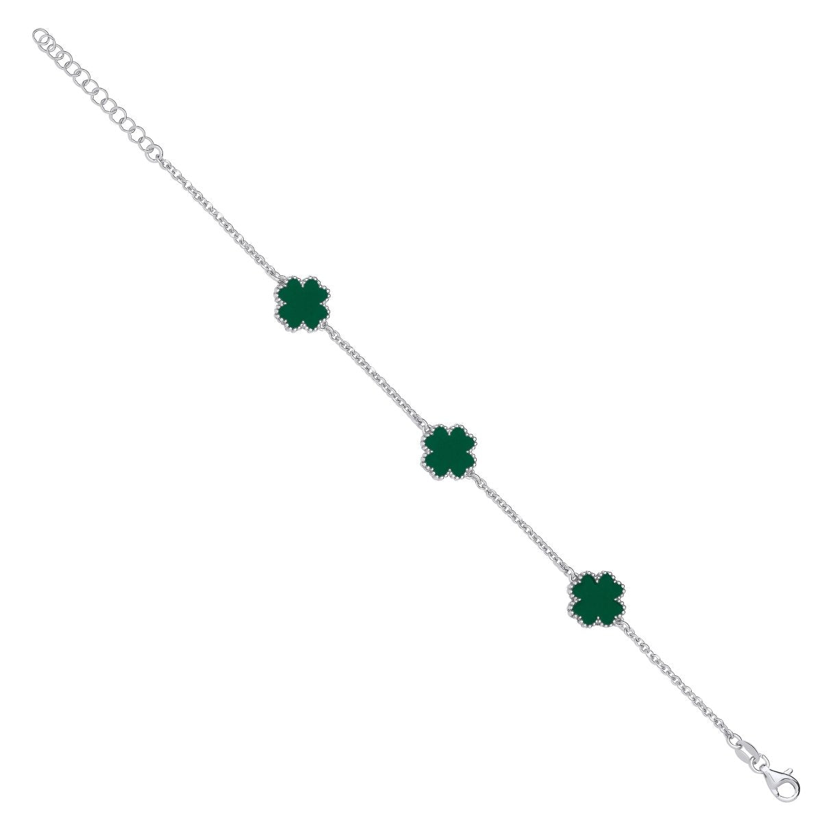 Sterling Silver Elegant Green Enamel Four Leaf Clover Bracelet - Samuel Perry
