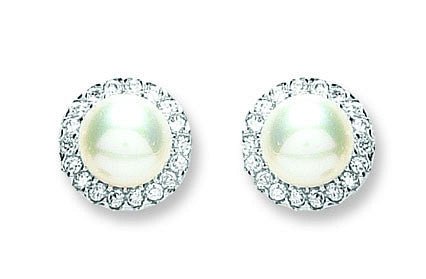 Sterling Silver Elegant Pearl & Cz Stud Earrings - Samuel Perry