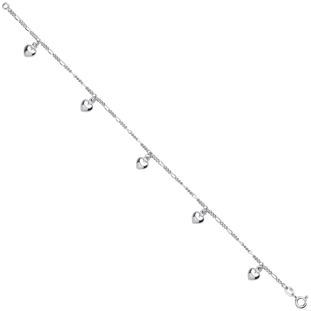 Sterling Silver Elegant Small Figaro Chain With Heart Charms Bracelet - Samuel Perry