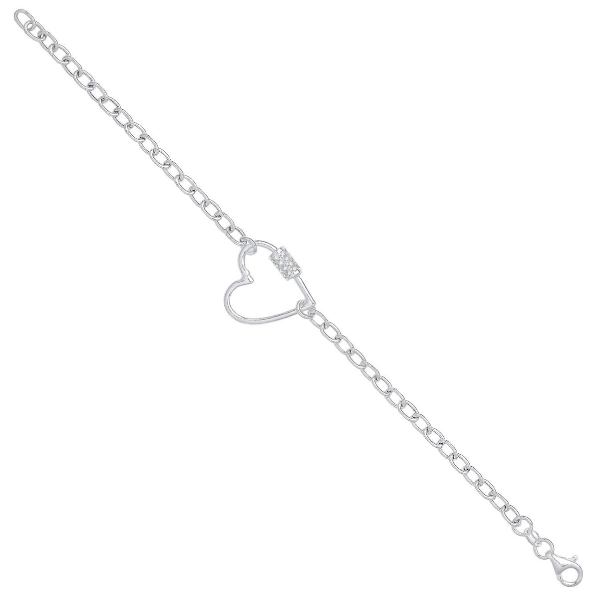 Sterling Silver Luxury Oval Link Chain & Heart Cz Charm Bracelet - Samuel Perry